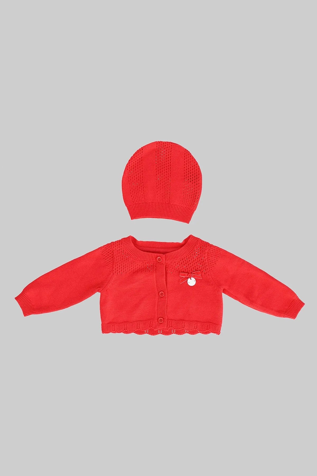Baby cardigan set: red knit hat and red button-up cardigan with small heart badge
