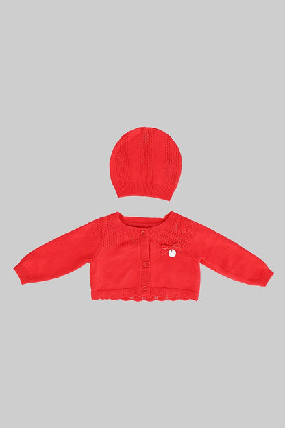 Baby cardigan set: red knit hat and red button-up cardigan with small heart badge