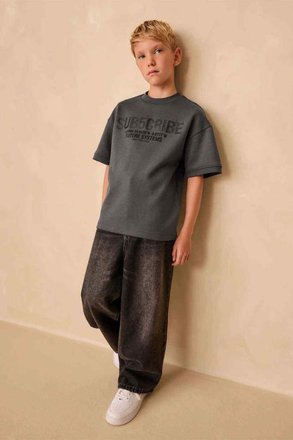 Kids dark grey graphic T-shirt with 'SUBSCRIBE' print and crew neck