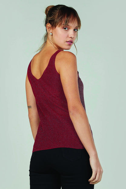 Red sleeveless V-neck tank top textured allover pattern, side view