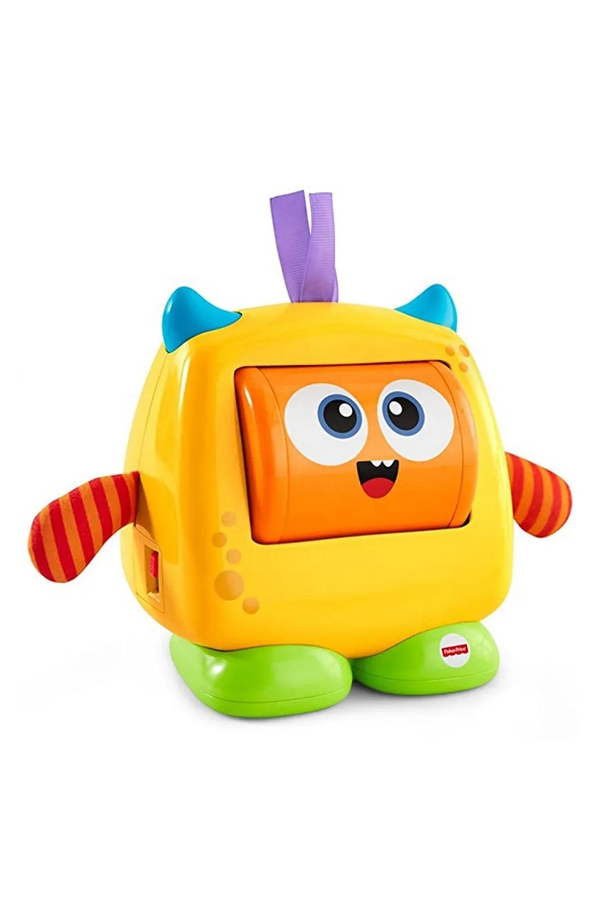Front view yellow robot activity toy with big eyes, purple pages, blue ears, green base