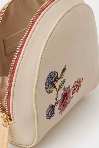 Cream pouch with multicolor floral embroidery and gold zip detail