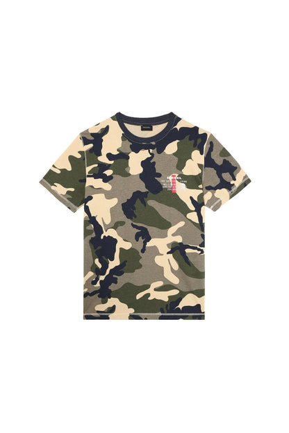 Diesel camo crew-neck T-shirt in green, tan, and dark navy with chest logo graphic