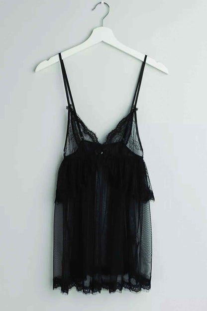 Black lace babydoll chemise with adjustable spaghetti straps and sheer mesh