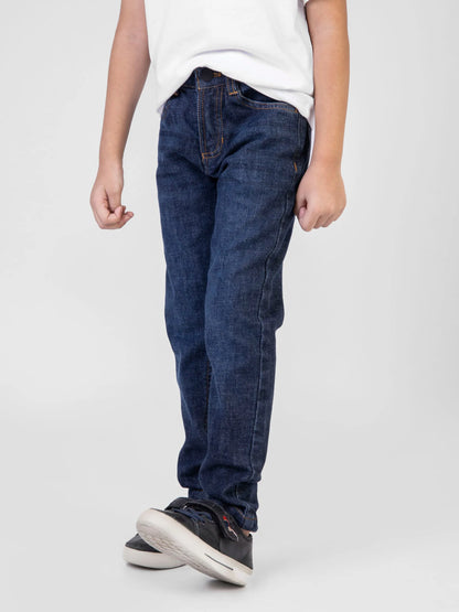 Brumano blue denim jeans side view on model