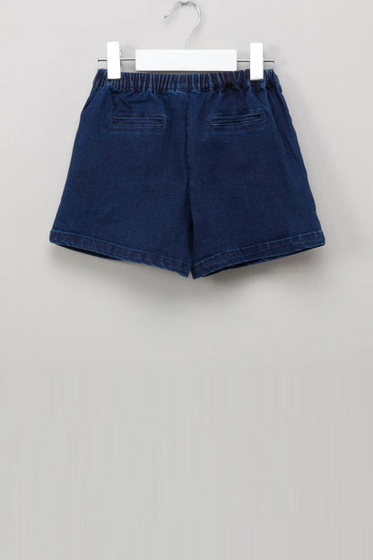 Navy denim baby shorts with elastic waistband and back pockets