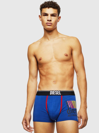 Men's blue boxer briefs with black waistband and DIESEL logo, front view