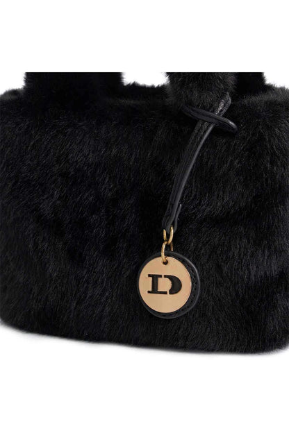 Black faux-fur mini tote with round Dune London logo charm and leather trim