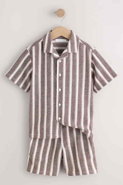 Kids striped short-sleeve shirt and shorts set in brown and white on wooden hanger
