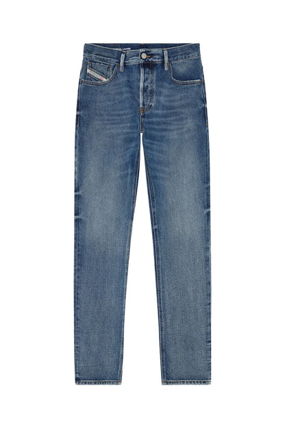 Diesel blue denim jeans flat lay front view with zip fly and straight legs