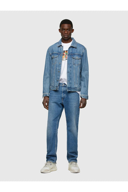 White crew-neck short-sleeve T-shirt, visible under denim jacket