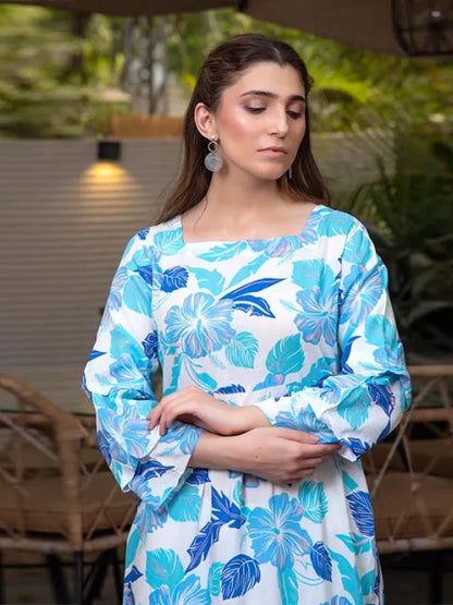 Light blue floral long dress with round neckline and 3/4 sleeves, close-up
