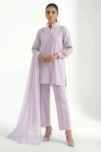 Lilac kurta set with scalloped lace details and sheer dupatta, paired with straight pants