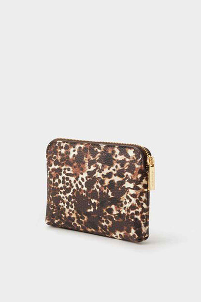 Leopard print zip pouch, compact square shape with gold-tone zipper