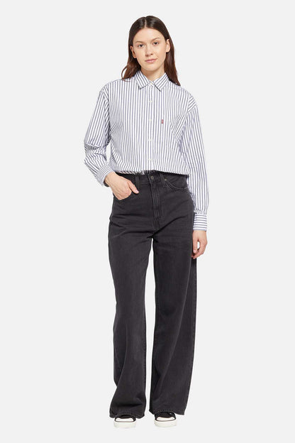 Black wide-leg jeans with relaxed straight fit and belt loops