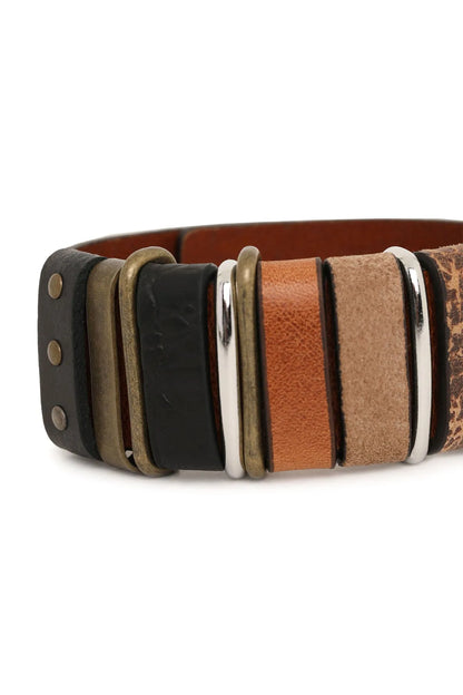 Leather multi-color bracelet with silver rings and grommet hole ends
