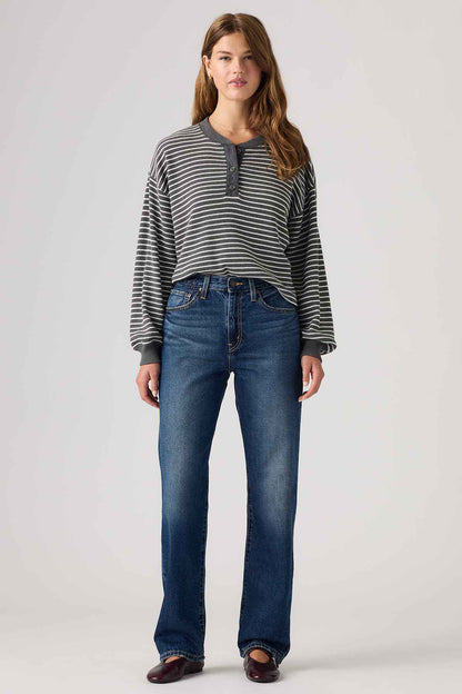 Dark indigo straight-leg jeans with belt loops and button fly