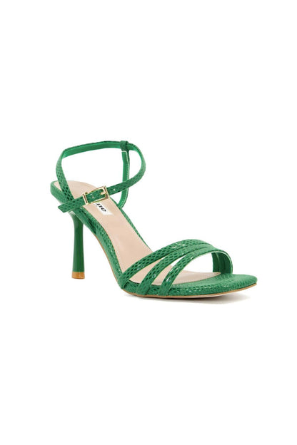 Dune London green strappy heeled sandals with ankle strap and open toe