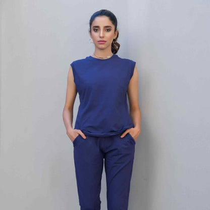 Dark blue sleeveless top and matching trousers, straight-leg fit