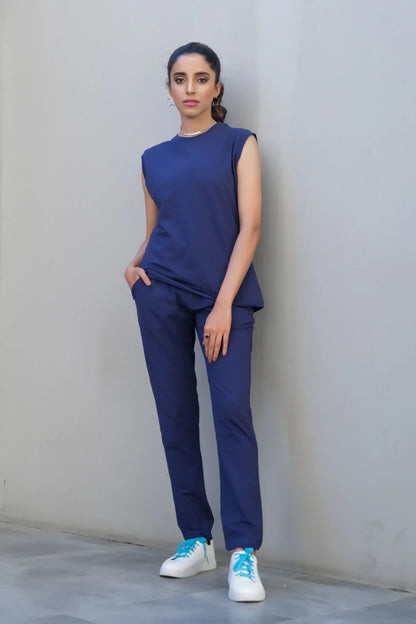 Navy sleeveless tunic-style top with matching straight-leg pants