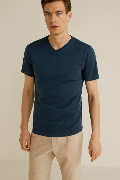 Men's dark navy V-neck T-shirt, short sleeves