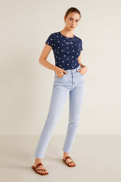 MANGO women's navy star-print short-sleeve T-shirt, crew neck