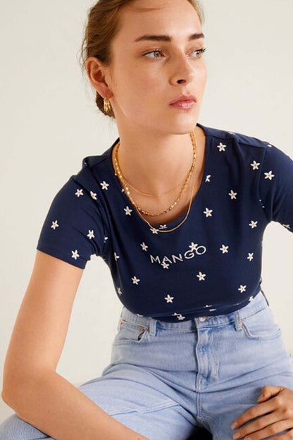 MANGO navy star T-shirt close-up with logo print, crew neck