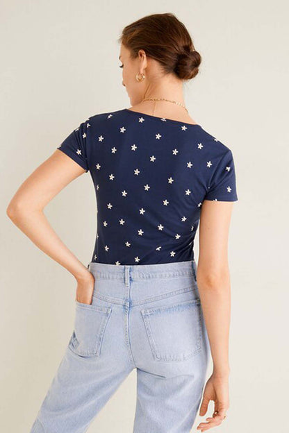 MANGO women's navy star-print T-shirt from back, short sleeves