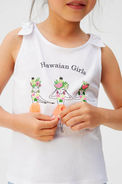 Off-white girls' sleeveless tank top with ruffled shoulders and Hawaiian Girls print