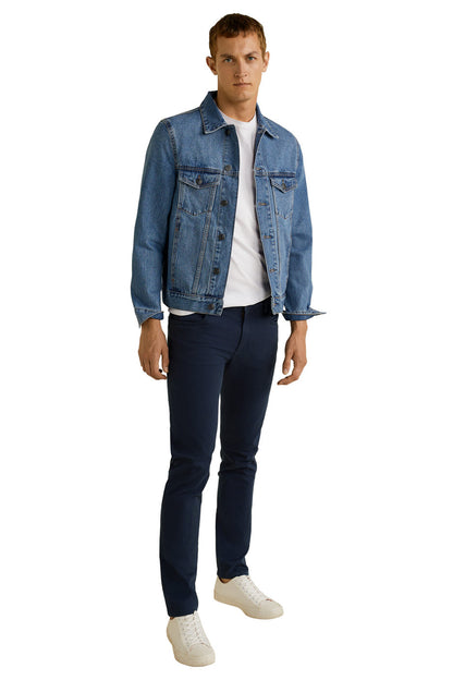 Dark navy denim jeans, straight tapered leg with stitched pockets