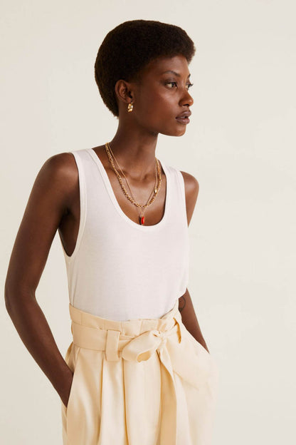 Women's off-white tank top and belted wide-leg pants set, sleeveless scoop neck