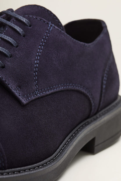 MANGO dark navy suede lace-up shoes close-up, stitched toe and heel
