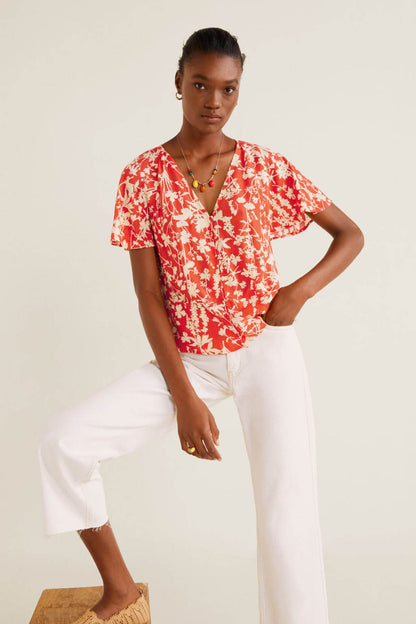 Red floral short-sleeve wrap-style blouse with V-neck