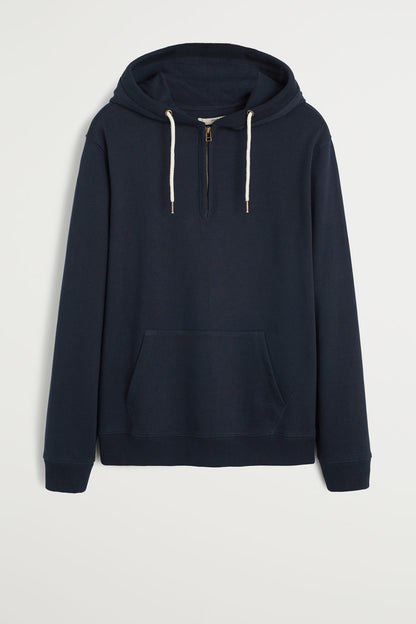 Dark navy zip hoodie with hood, white drawstrings, and front kangaroo pocket