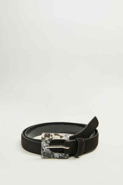Black belt with square marbled buckle and metal pin, single-prong style