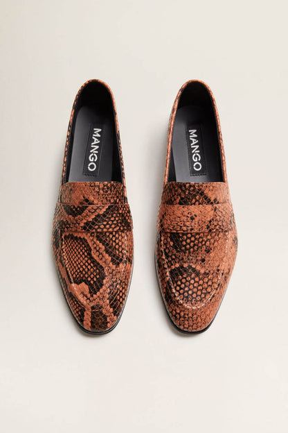 MANGO orange-brown snake-print slip-on loafers, black sole