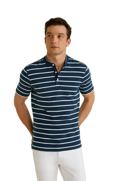 Men's dark navy striped polo shirt with buttoned placket and short sleeves