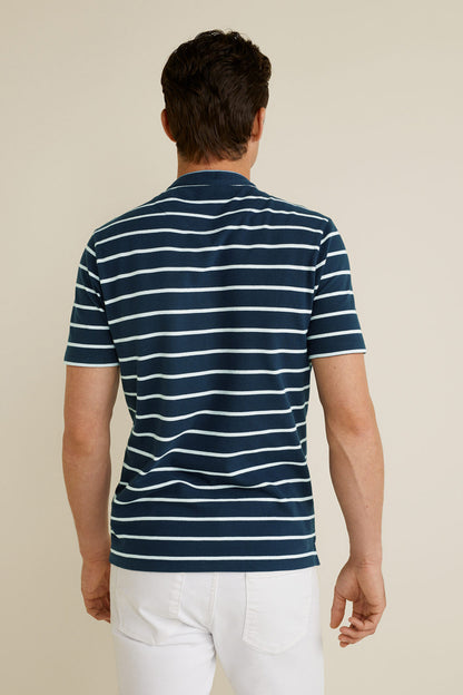 Men's dark navy striped polo shirt, back view with short sleeves