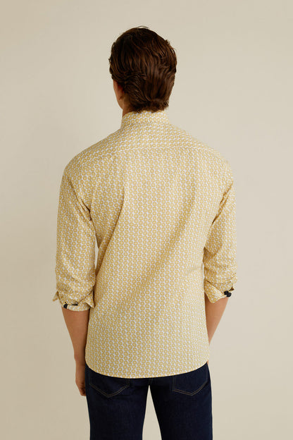 Yellow micro-pattern button-up shirt, back view with button placket