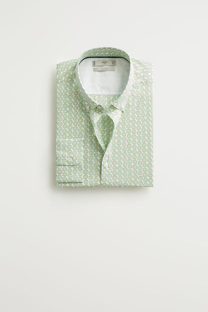 Green patterned button-up shirt with collar and buttons