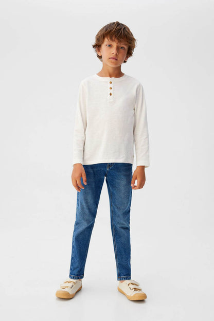 Kids' medium blue denim jeans, straight leg, mid-rise