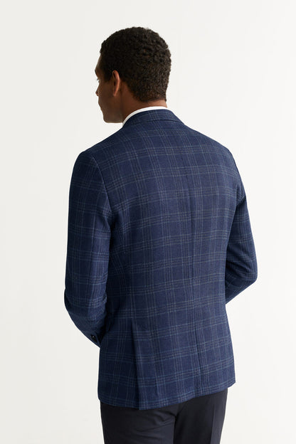 Blue plaid blazer back view with tailored shoulders
