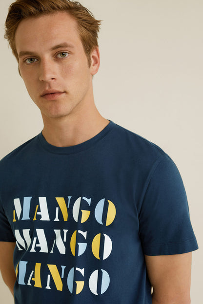 Men's dark navy T-shirt with stacked logo graphic on chest
