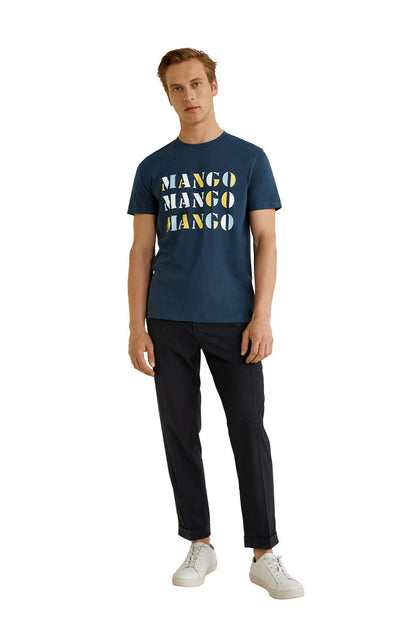 Men's dark navy logo T-shirt with black jogger pants