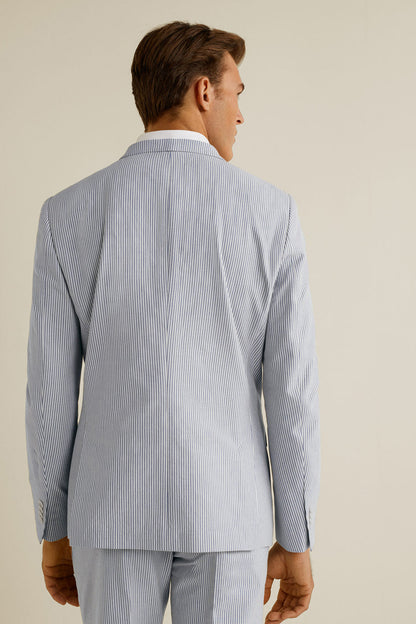 Light blue pinstripe suit blazer, back view
