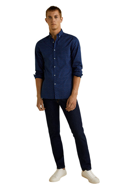Men's dark navy patterned button-up shirt with long sleeves, full length view