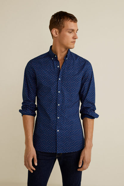Men's dark navy patterned button-up shirt with long sleeves and button front