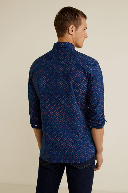 Men's dark navy patterned button-up shirt, back view, long sleeves