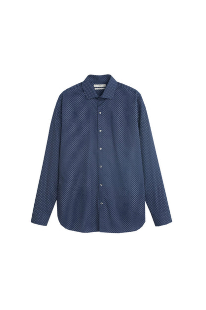 Dark navy dotted long-sleeve button-up shirt with pointed collar