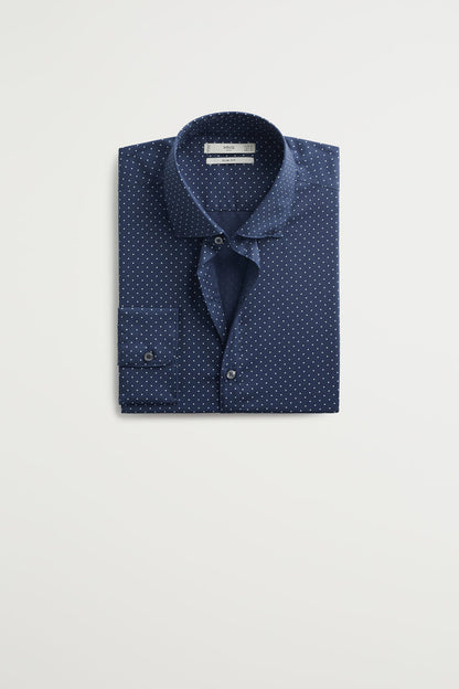 Dark navy dotted button-up shirt with long sleeves and button-down collar